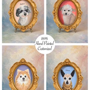 May include: Four oval gold-toned ornate frames each containing a hand-painted portrait of a dog. The portraits feature dogs named Pepper and Chloe, with solid-colored backgrounds in pink, light blue, and lavender. Text reads 100% Hand-Painted Customized.