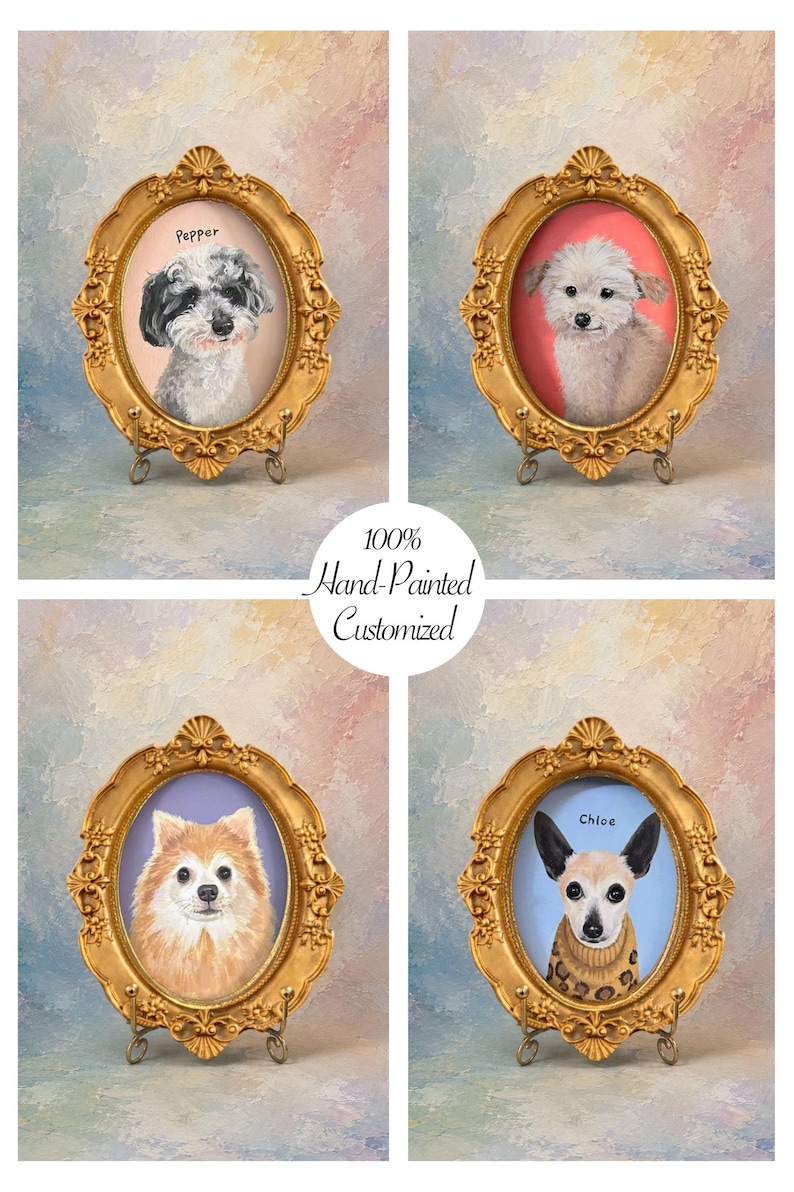 May include: Four oval gold-toned ornate frames each containing a hand-painted portrait of a dog. The portraits feature dogs named Pepper and Chloe, with solid-colored backgrounds in pink, light blue, and lavender. Text reads 100% Hand-Painted Customized.