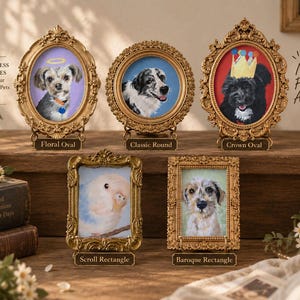 May include: Five ornate gold-toned picture frames displaying pet portraits. The collection includes three oval frames labeled Floral Oval, Classic Round, and Crown Oval, and two rectangular frames labeled Scroll Rectangle and Baroque Rectangle.