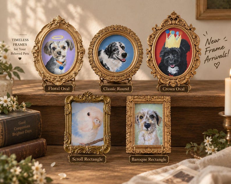 May include: Five ornate gold-toned picture frames displaying pet portraits. The collection includes three oval frames labeled Floral Oval, Classic Round, and Crown Oval, and two rectangular frames labeled Scroll Rectangle and Baroque Rectangle.