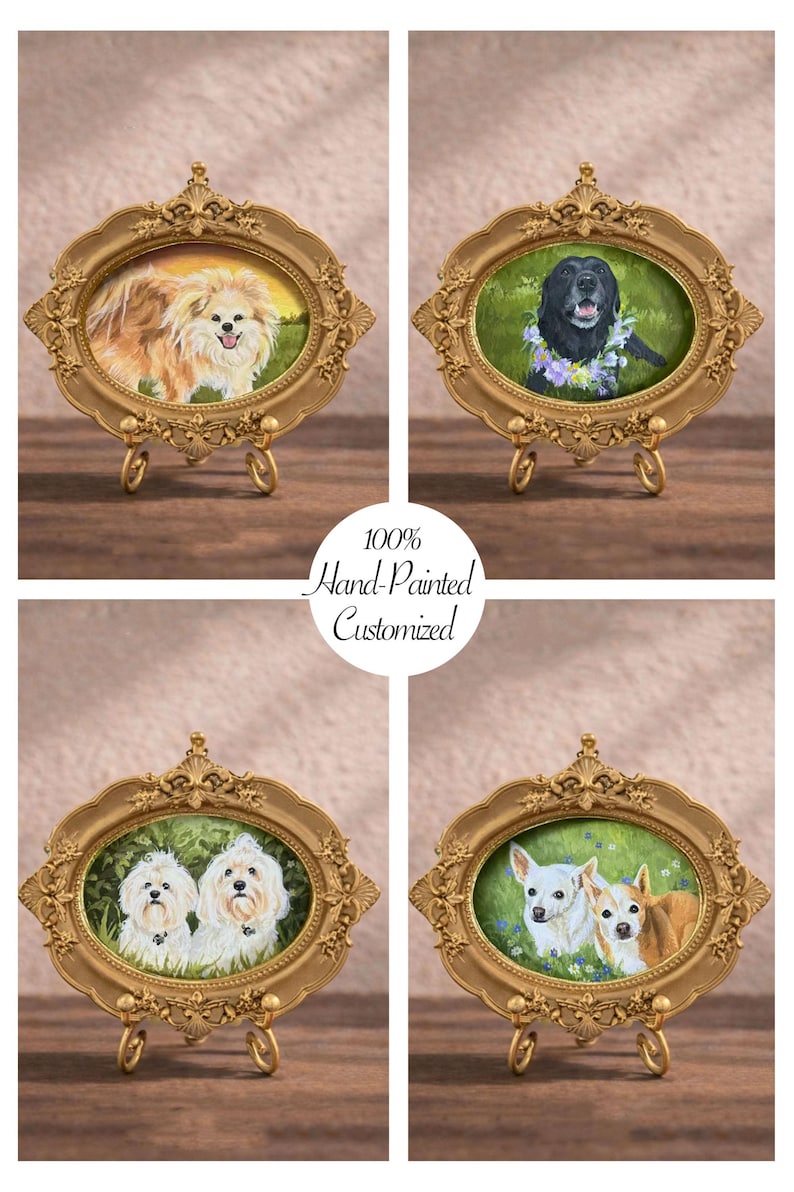 May include: Four oval gold-toned ornate frames containing hand-painted portraits of dogs. Each frame features intricate floral and scrollwork detailing and rests on a small metal stand. The text 100% Hand-Painted Customized is centered.