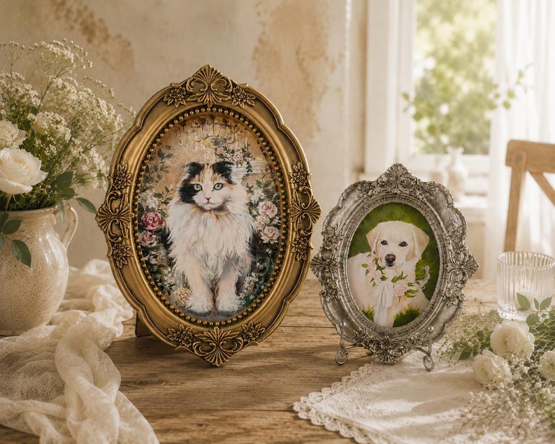May include: Two oval-shaped picture frames containing pet portraits. The larger frame is gold with ornate floral detailing and holds a painting of a calico cat. The smaller frame is silver with intricate scrollwork and holds a painting of a dog.