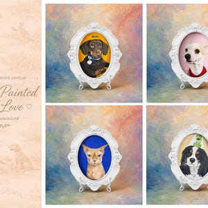 May include: Four oval white ornate frames containing custom pet portraits. The top left features a black dachshund on yellow, top right a white dog on pink, bottom left a hairless cat on blue, and bottom right a spaniel on a light background.