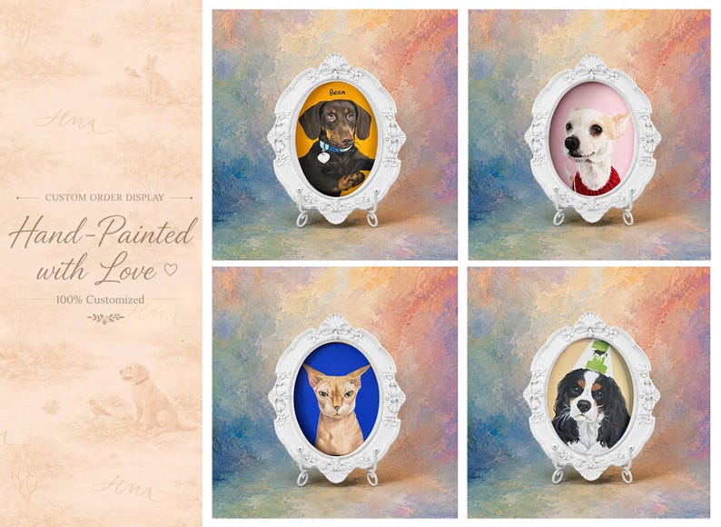 May include: Four oval white ornate frames containing custom pet portraits. The top left features a black dachshund on yellow, top right a white dog on pink, bottom left a hairless cat on blue, and bottom right a spaniel on a light background.