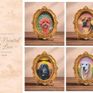 May include: Four oval gold-toned ornate frames, each containing a hand-painted portrait of a dog. The frames feature intricate relief detailing and small stands. The portraits depict a red poodle, a brown dog, a black dog, and a golden retriever.