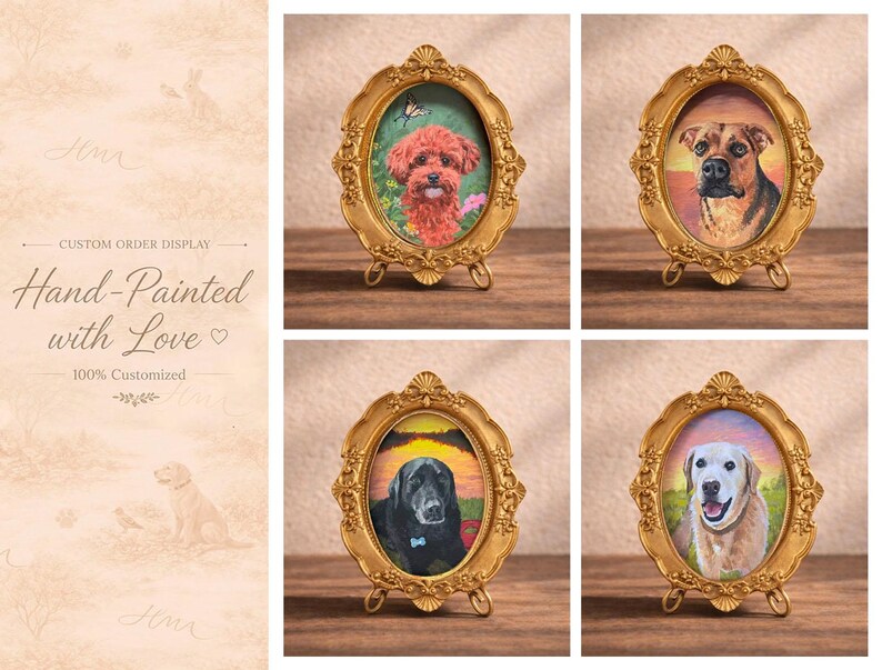 May include: Four oval gold-toned ornate frames, each containing a hand-painted portrait of a dog. The frames feature intricate relief detailing and small stands. The portraits depict a red poodle, a brown dog, a black dog, and a golden retriever.