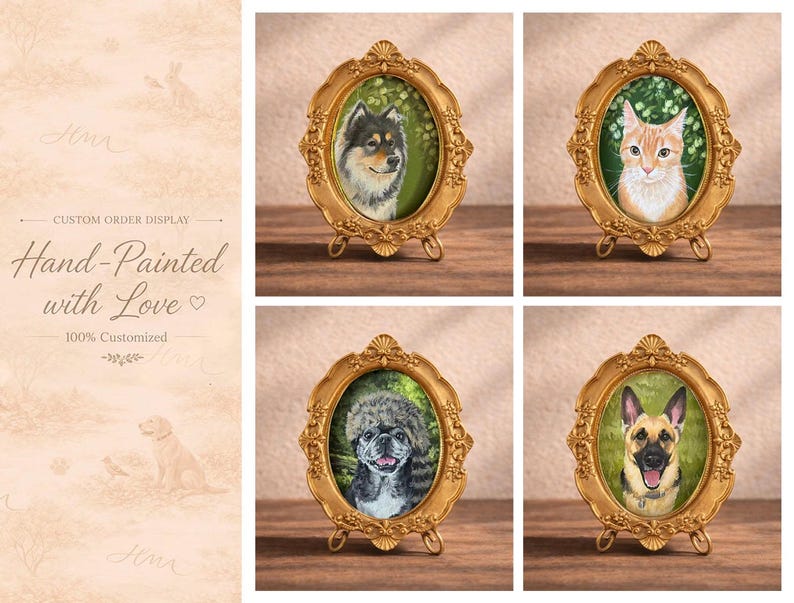 May include: Four oval gold-toned ornate frames, each containing a hand-painted portrait of a different pet: a black and tan dog, an orange tabby cat, a gray and black dog wearing a hat, and a German Shepherd. Text reads: Custom Order Display.