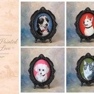 May include: Four oval black ornate frames containing hand-painted portraits of pets. The top left features a black and white dog with a red bow, top right a white dog with a crown, bottom left a white dog, and bottom right a grey and white cat.