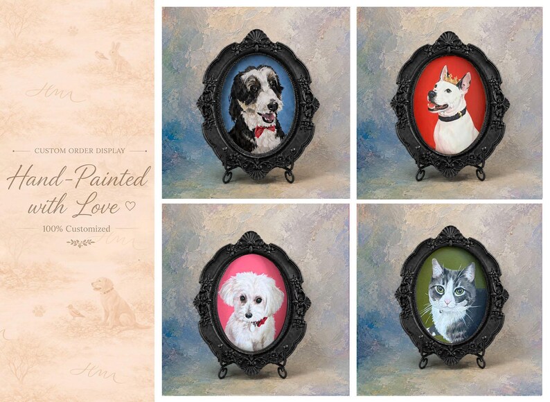 May include: Four oval black ornate frames containing hand-painted portraits of pets. The top left features a black and white dog with a red bow, top right a white dog with a crown, bottom left a white dog, and bottom right a grey and white cat.