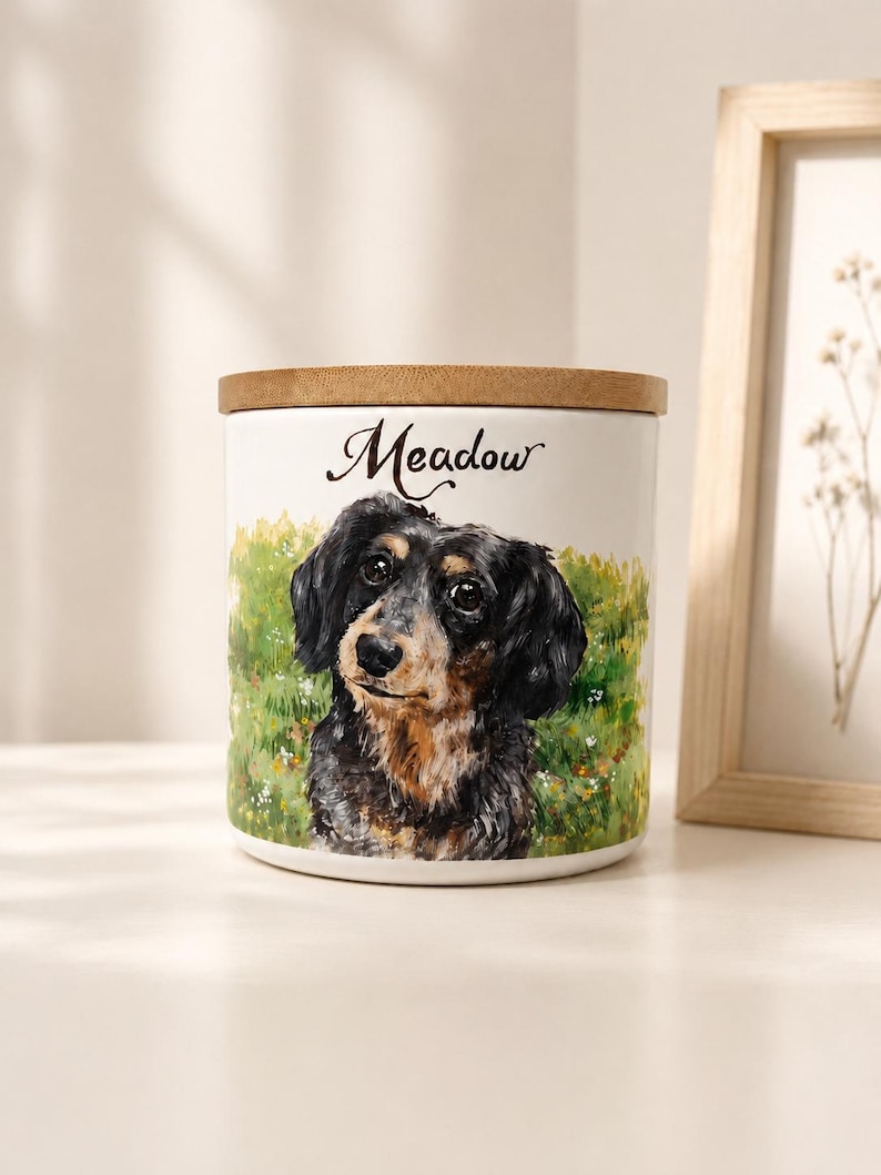 May include: A white ceramic cylindrical canister with a wooden lid, featuring a painted illustration of a black and tan long-haired dachshund in a green meadow. The name Meadow is printed in black cursive script above the dog illustration.