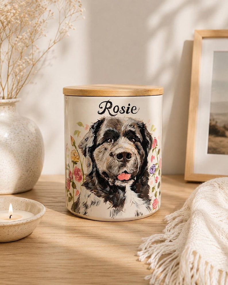 May include: A cylindrical ceramic canister with a light cream finish and a wooden lid. The front features a painted portrait of a black and white dog with the name Rosie printed in black script above the dog, surrounded by colorful floral accents.