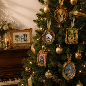 May include: A collection of gold-toned, ornate picture frame ornaments hanging on a Christmas tree, each displaying a portrait of a pet. The frames are oval and rectangular, featuring detailed scrollwork and hanging from gold ribbons.