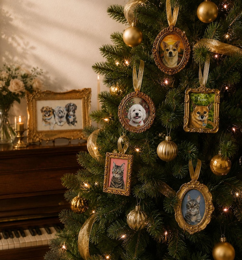 May include: A collection of gold-toned, ornate picture frame ornaments hanging on a Christmas tree, each displaying a portrait of a pet. The frames are oval and rectangular, featuring detailed scrollwork and hanging from gold ribbons.