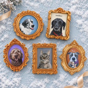 May include: Five ornate gold-colored frames containing portraits of pets. The top left round frame shows a dog labeled Blue. The top right rectangular frame shows a dog labeled Dutchess. The bottom left oval frame shows a dog. The bottom center rectangular frame shows a cat. The bottom right oval frame shows a dog labeled Phee.