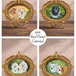 May include: Four oval gold-toned ornate frames containing hand-painted portraits of dogs. Each frame features intricate floral and scrollwork detailing and rests on a small metal stand. The text 100% Hand-Painted Customized is centered.