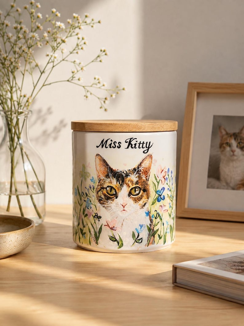 May include: A cylindrical ceramic canister with a light-colored finish, featuring a painted calico cat surrounded by colorful wildflowers. The text "Miss Kitty" is printed in black script above the cat. It has a flat, circular wooden lid.