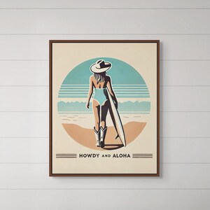 Coastal Cowgirl Wall Art, Beachy Dorm Room Decor, Trendy Coastal Cowgirl Print, Blue Coastal Surf Cowgirl, Coastal Western, Howdy and Aloha