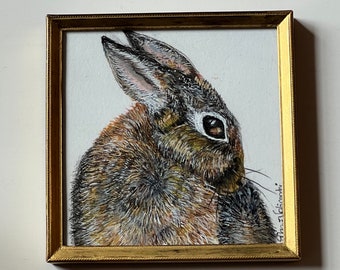 Small, 3 1/4" Square Framed Rabbit Mixed-Media Painting. Frame found in antique store.