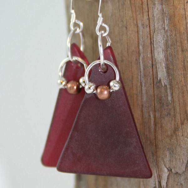 Red Glass Earrings Recycled Vintage Plate with Sterling silver French Hooks