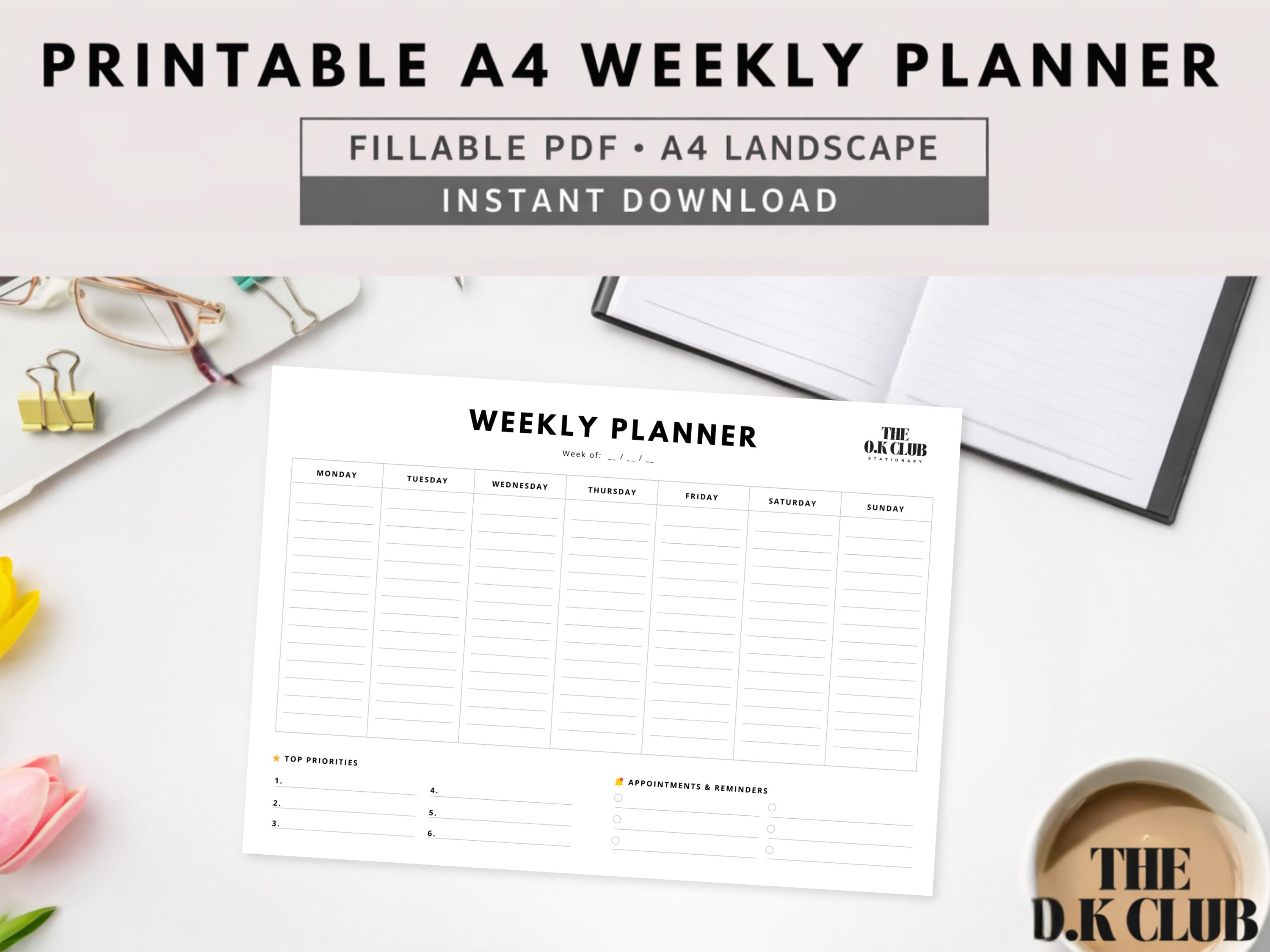 Weekly Planner A4 Landscape Printable, Undated One Page Weekly Schedule ...
