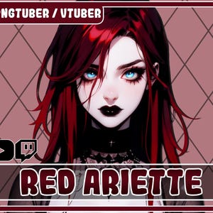 Puede incluir: Una ilustración digital de una mujer con cabello largo y rojo. Tiene ojos azules y lleva maquillaje oscuro. El fondo es un patrón de cuadros rosa y blanco. El texto "PNGTUBER / VTUBER" está en la parte superior de la imagen y "RED ARIETTE" en la parte inferior.