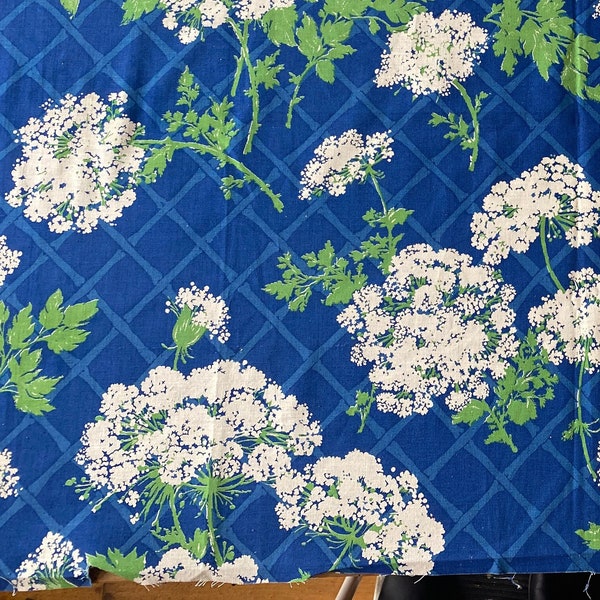 Vintage 1970s Bloomcraft Indigo and White Floral Fabric Scraps, Vintage Bloomcraft Queen Anne's Lace Fabric, Vintage Marimekko-Like Fabric