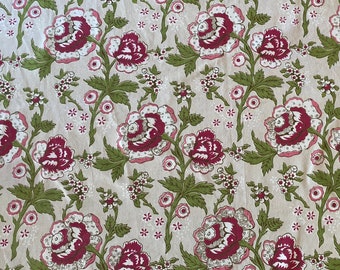 Vintage 1930s Waverly Indienne Cotton Canvas Fabric, Vintage Pink and Green Cotton Floral Fabric, Vintage Waverly Andover Fabric