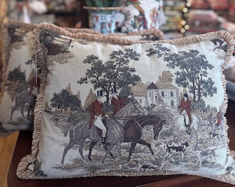 Vintage 1990s "The Hunt" P Kaufmann Linen Upholstery Fabric Down Feather Filled Pillow, Equestrian Pillow