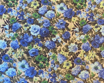 Vintage 1960s Linen Blue Roses Fabric, 1960s Linen Floral Upholstery Fabric, Vintage Flower Fabric, Vintage Pansy Fabric, Blue Roses Fabric