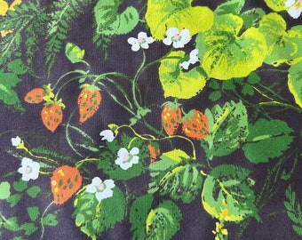 Vintage 1974 Greeff "Spring Woods" Fabric from The Woods and Meadows Collection Black Colorway, Vintage Woodland Fabric, Strawberry Fabric