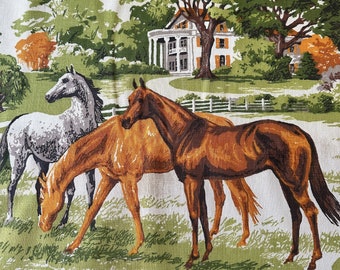 Vintage 1950s Waverly "Bluegrass" Horse Fabric BTY, Vintage 1950s Horse Country Fabric BTY, Vintage Horse and Manor Fabric