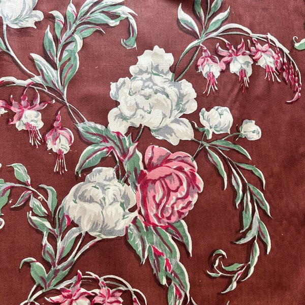 Tissu floral marron antique des années 1910 imprimé à la main BTY, tissu antique de vigne coeur saignant BTY, tissu pivoine antique BTY