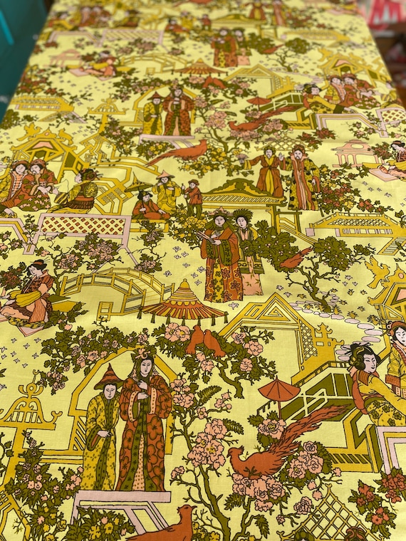 Vintage 1960s Bloomcraft Chinoiserie Fabric Vintage Yellow and Orange ...