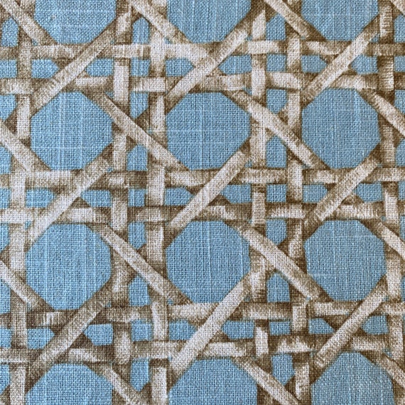 Vintage 1990s Braemore Fabrics Blue Bamboo Trellis Linen 