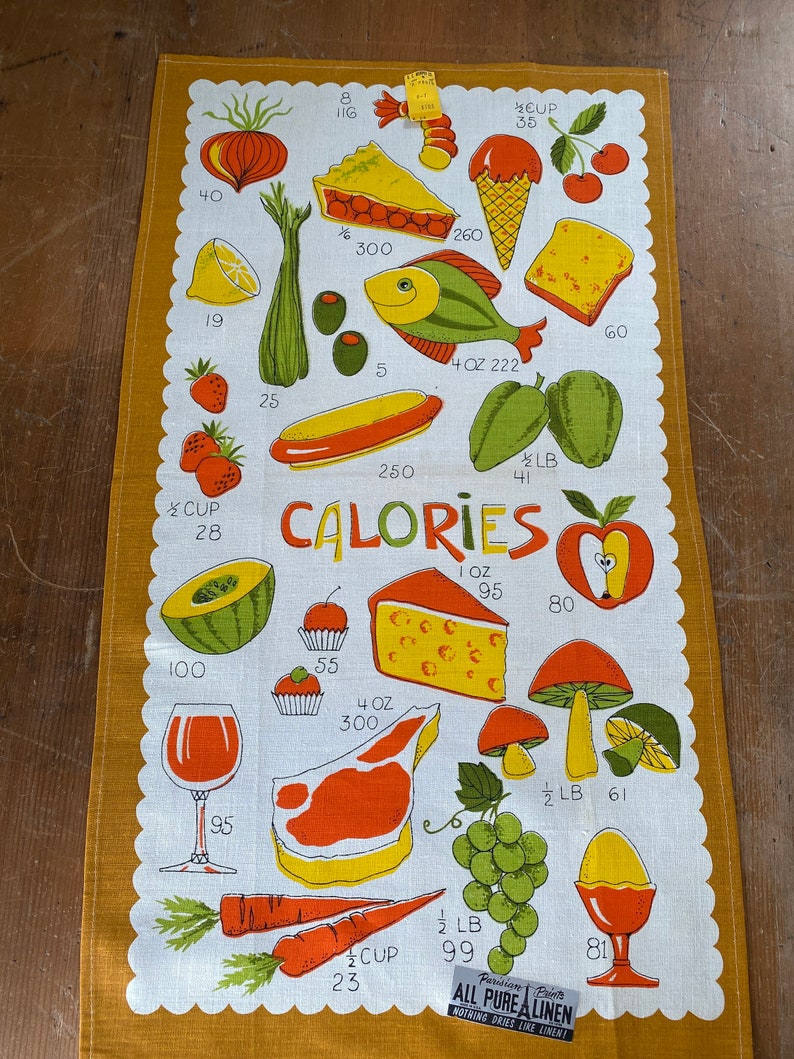 Vintage Calories Tea Towel, Vintage 1970s Tea Towel, Food Tea Towel, Tea Towel image 1