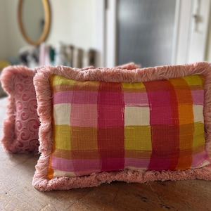 Vintage 1960s Bassett McNab Pink Plaid Linen Upholstery Fabric Down Feather Filled Lumbar Pillow, Pink Plaid Pillow with Pom Pom Fringe