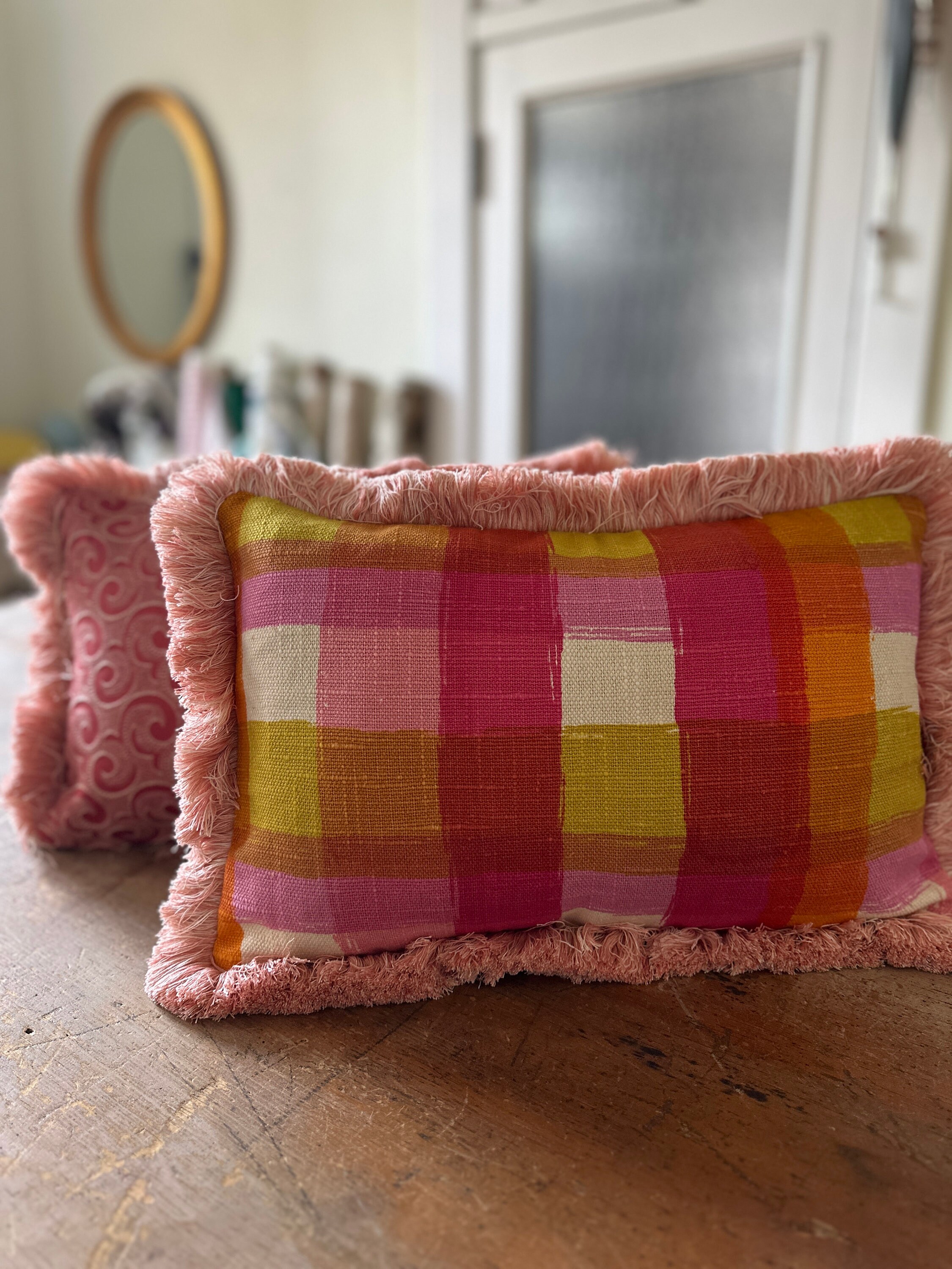 Vintage 1960s Bassett McNab Pink Plaid Linen Upholstery Fabric Down Feather Filled Lumbar Pillow Pink Plaid Pillow with Pom Pom Fringe