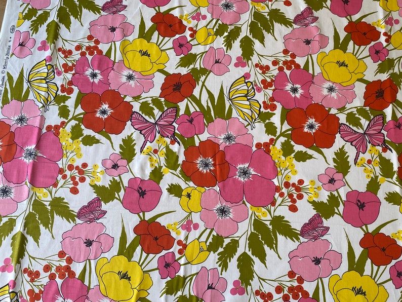 Vintage 1970s Waverly Glosheen Papillion Flower Power Fabric Scrap, Vintage Floral and Butterfly Fabric Scrap image 5