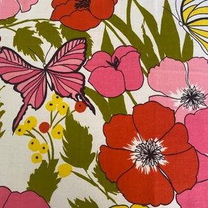 Vintage 1970s Waverly Glosheen Papillion Flower Power Fabric Scrap, Vintage Floral and Butterfly Fabric Scrap image 1