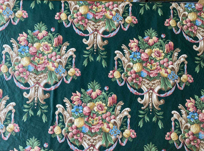 Vintage 1990s Di Lewis English Garden Collection 2 Emerald Green Chintz Fabric, Vintage 1990s Green Floral Chintz, Grandmillennial fabric image 1