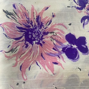 Vintage 1940s Silk Shantung Chrysanthemum Fabric, Pink and Purple Silk Fabric, Pink and Purple Floral Silk Dupioni Fabric, Vintage Silk