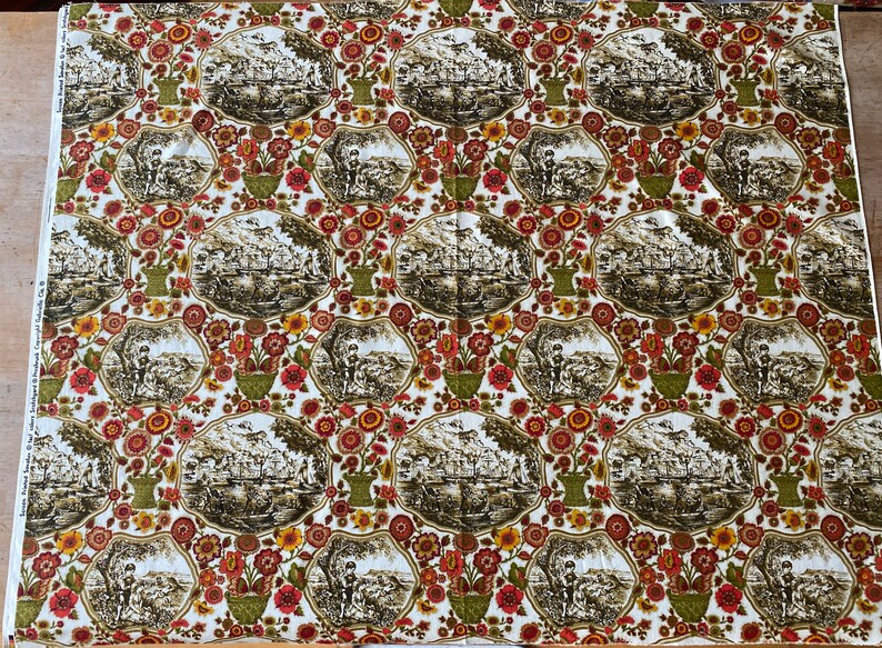 Vintage 1960s Gabrielle Cie Historic Scene Fabric, Vintage 1960s Gabrielle Cie Lozenge Fabric, Vintage Rural Scene Fabric