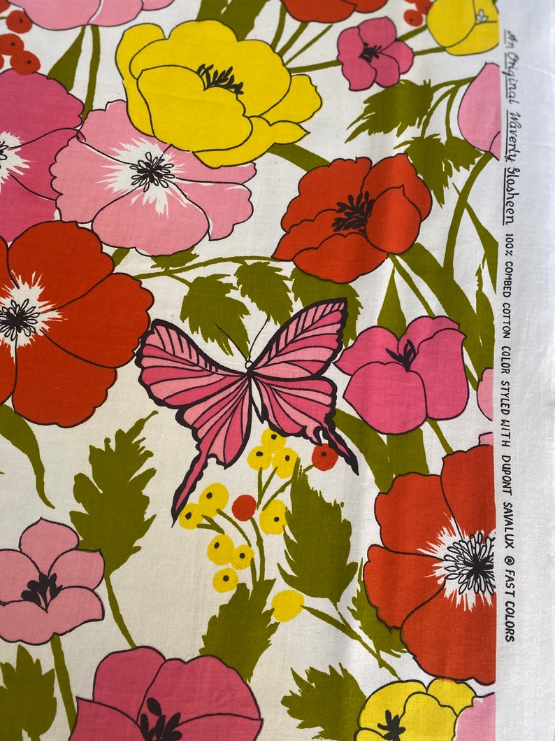 Vintage 1970s Waverly Glosheen Papillion Flower Power Fabric Scrap, Vintage Floral and Butterfly Fabric Scrap image 4