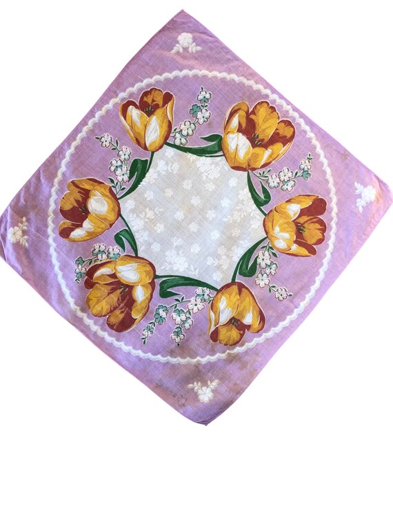 Vintage Blue Tulip and Yellow Leaf Handkerchief
