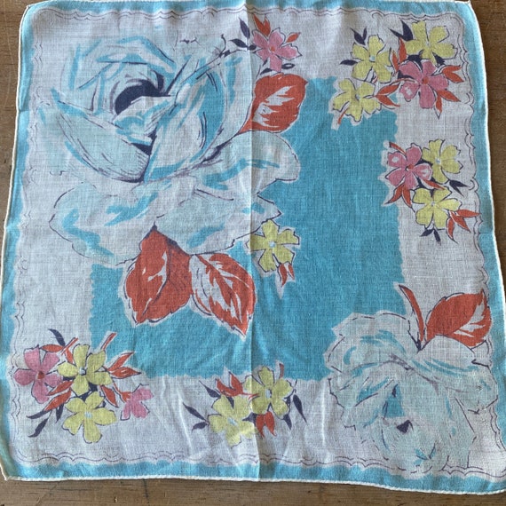 Vintage 1950s Sky Blue Rose Handkerchief, Vintage… - image 3