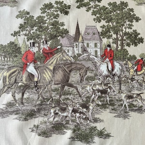 "Vintage 1940er Jahre ""The Hunt"" Leinen Polsterstoff BTY, Vintage 1940er Jahre Reiterstoff, Fuchsjagd Stoff, Pferde und Hunde Stoff BTY."