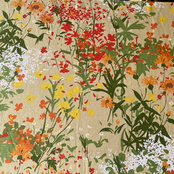 Vintage 1974 Greeff "English Meadow" Linen Fabric Scraps from The Woods and Meadows Collection, Greeff English Meadow Fabric, Flower Power