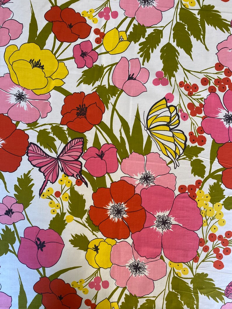 Vintage 1970s Waverly Glosheen Papillion Flower Power Fabric Scrap, Vintage Floral and Butterfly Fabric Scrap image 2