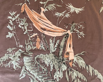 Vintage 1940s Greeff Fabrics "Pavilion" chintz from the Greeff Collection, Vintage 1940s Brown and Pink Chinoiserie Chintz