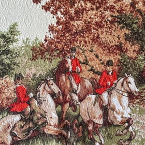 Tovaglia equestre vintage anni &#39;40 con caccia alla volpe e al cervo, tovaglia equestre vintage anni &#39;40, tovaglia con cavalli e cavalieri